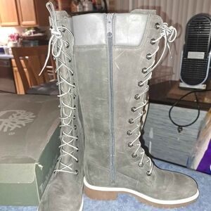 Timberland Women's Gray Lace-Up Tall Boots with Side Zipper and Contrast Sole